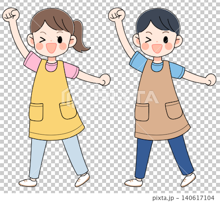 一幅插圖,描繪了一名男性和一名女性幼教工作者穿著圍裙,擺出勝利的姿勢。 一幅插圖,描繪了一名男性和一名女性幼教工作者穿著圍裙,擺出勝利的姿勢。 140617104