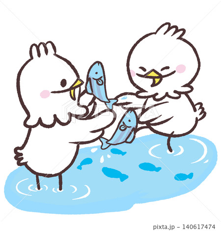 水辺で魚をとる白い鳥達のイラスト 水辺で魚をとる白い鳥達のイラスト 140617474