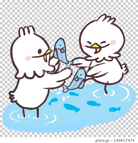 水辺で魚をとる白い鳥達のイラスト 水辺で魚をとる白い鳥達のイラスト 140617474