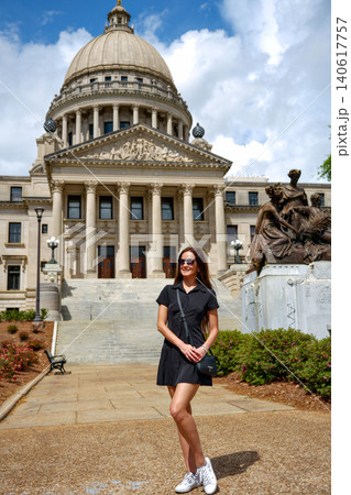 Tourist Woman Posing Before Mississippi Capitol Dome Jackson MS Tourist Woman Posing Before Mississippi Capitol Dome Jackson MS 140617757