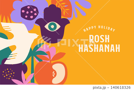 Happy Rosh Hashana abstract collage banner with floral elements and Jewish holiday symbols Happy Rosh Hashana abstract collage banner with floral elements and Jewish holiday symbols 140618326