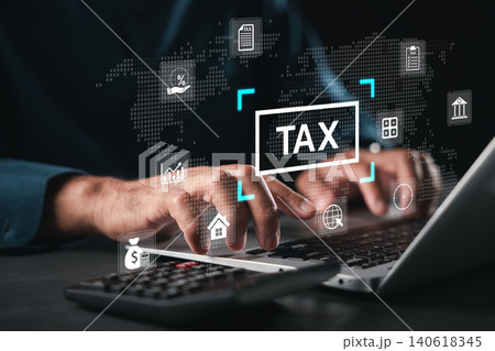 Tax payment online concept features businessman filing individual income return, government state taxes data analysis, financial tax calculation showing digital icons for yearly tax filing Tax payment online concept features businessman filing individual income return, government state taxes data analysis, financial tax calculation showing digital icons for yearly tax filing 140618345