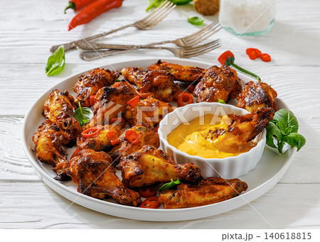 Char-grilled chicken wings on a plate with sauce 140618815