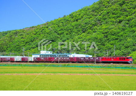 新緑が眩しい初夏の里山を駆け抜けるEF510牽引の貨物列車。 新緑が眩しい初夏の里山を駆け抜けるEF510牽引の貨物列車。 140619127