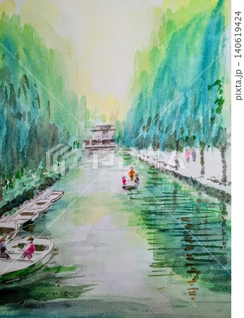 水彩で描いた川の流れ 柳川の運河 140619424