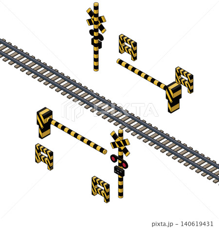 遮断機と線路のアイソメトリックイラスト。鉄道・交通インフラ素材。 遮断機と線路のアイソメトリックイラスト。鉄道・交通インフラ素材。 140619431