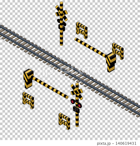 遮断機と線路のアイソメトリックイラスト。鉄道・交通インフラ素材。 遮断機と線路のアイソメトリックイラスト。鉄道・交通インフラ素材。 140619431