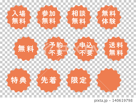 「入場無料」「参加無料」などのイラストマークのセット　なみなみ丸　白文字　背景透過　オレンジ色 140619798