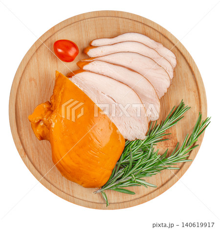 Sliced smoked chicken breast on wooden board isolated top view gourmet deli poultry composition Sliced smoked chicken breast on wooden board isolated top view gourmet deli poultry composition 140619917