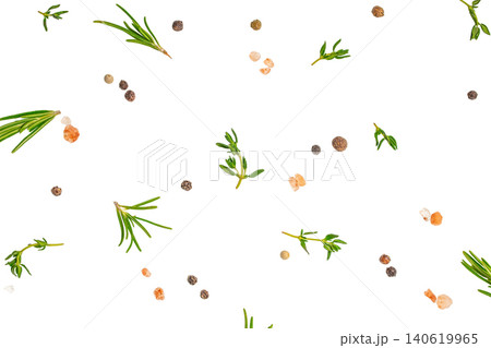 Rosemary thyme pepper and salt scattered on white background Rosemary thyme pepper and salt scattered on white background 140619965