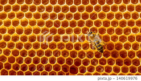 Honey bee on golden honeycomb texture background, macro closeup of natural beekeeping pattern 140619976