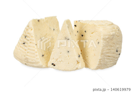 Cheese wedges with black cumin seeds isolated on white background Cheese wedges with black cumin seeds isolated on white background 140619979