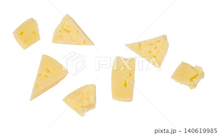 Assorted cheese slices isolated on white background, top view flat lay dairy food collection Assorted cheese slices isolated on white background, top view flat lay dairy food collection 140619985