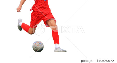 Soccer Player Strikes Soccer Ball with a Transparent Background 140620072