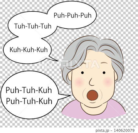 An elderly woman performing the Pataka exercise for oral function training in English. An elderly woman performing the Pataka exercise for oral function training in English. 140620079