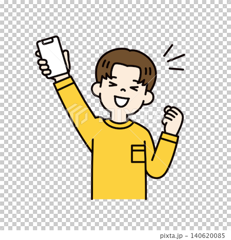 Vector illustration of the upper body of a young man/male student holding up a smartphone and making a triumphant gesture. 140620085