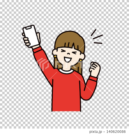 スマホ画面を見せて大喜びでガッツポーズする、若い女性・女子学生の上半身ベクターイラスト素材 140620086