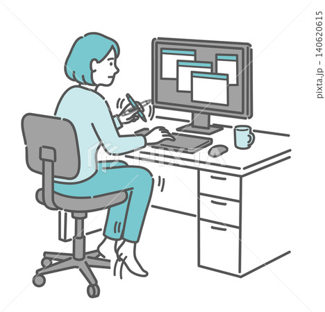 ADHDの特徴、多動性(貧乏ゆすり・ペン回し)のある女性のイラスト ADHDの特徴、多動性(貧乏ゆすり・ペン回し)のある女性のイラスト 140620615