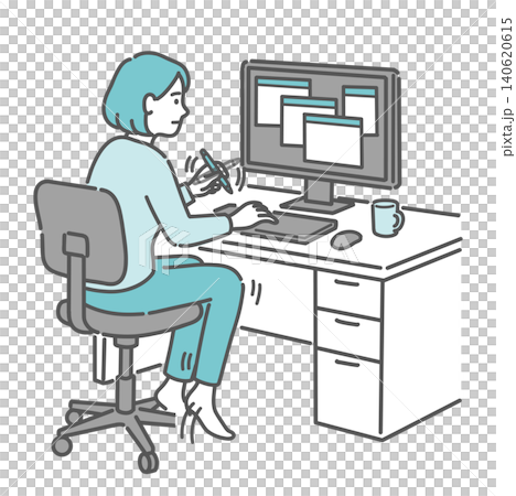 An illustration of a woman exhibiting characteristics of ADHD, specifically hyperactivity (leg shaking, pen twirling). An illustration of a woman exhibiting characteristics of ADHD, specifically hyperactivity (leg shaking, pen twirling). 140620615