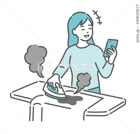 ADHDの特徴、スマホに夢中でアイロンを焦がしてしまう女性のイラスト ADHDの特徴、スマホに夢中でアイロンを焦がしてしまう女性のイラスト 140620617