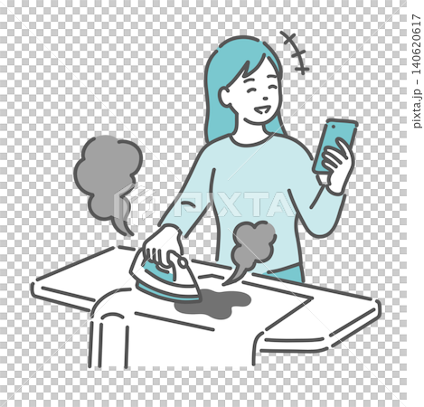 ADHDの特徴、スマホに夢中でアイロンを焦がしてしまう女性のイラスト ADHDの特徴、スマホに夢中でアイロンを焦がしてしまう女性のイラスト 140620617