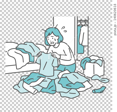 ADHDの特徴、片付けが苦手で散らかった部屋に悩む女性のイラスト ADHDの特徴、片付けが苦手で散らかった部屋に悩む女性のイラスト 140620618