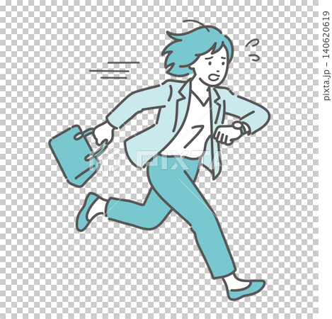 An illustration of a woman running in a panic because she's about to be late, illustrating the characteristics of ADHD. An illustration of a woman running in a panic because she's about to be late, illustrating the characteristics of ADHD. 140620619