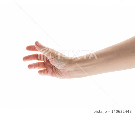 Empty mid aged woman hand to hold or show isolated on white Empty mid aged woman hand to hold or show isolated on white 140621448