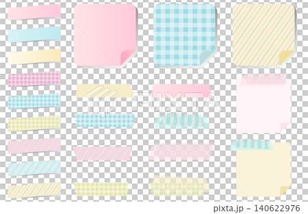 A set of illustrations featuring pastel-colored memo paper, sticky notes, and masking tape. 140622976