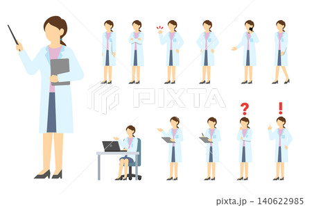 フラットイラスト:白衣を着た女性セット フラットイラスト:白衣を着た女性セット 140622985