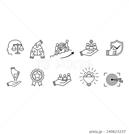 Set of Core Values Icons. Vector Icons Commitment, Innovation, Customers, Teamwork, Honesty, Goals, Responsibility, Reliability, Quality, and Inclusion 140623237