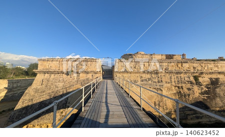 View of the entrance to the fortress with wooden bridge  140623452