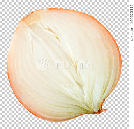 Half of a fresh yellow onion cut vertically, showing internal white layers and outer golden skin. High-quality macro shot isolated, ideal for food and culinary design projects. 140623516