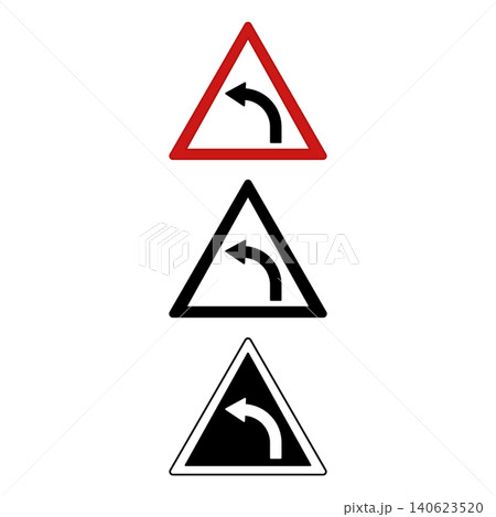 Left Curve Signs. Warning Road Signs. Red, Black, and White Vector Icons Left Curve Signs. Warning Road Signs. Red, Black, and White Vector Icons 140623520