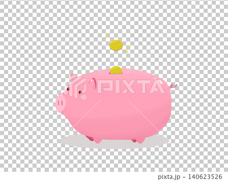 Coins and a cute pink pig piggy bank 140623526