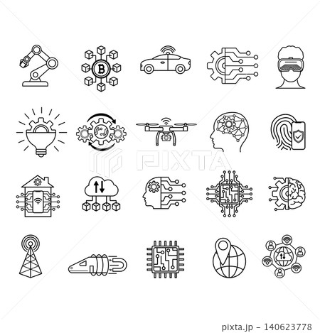 Technology Icons Set. Vector Icons of Geolocation, Virtual Reality, Blockchain, Internet of Things, Robotics, Autonomous Car, Artificial Intelligence and Others Technology Icons Set. Vector Icons of Geolocation, Virtual Reality, Blockchain, Internet of Things, Robotics, Autonomous Car, Artificial Intelligence and Others 140623778