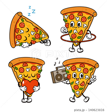 Cartoon pizza slice characters expressing different emotions activity Cartoon pizza slice characters expressing different emotions activity 140623816