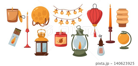 Autumn cozy lighting element set with candles lanterns and string lights vector illustration 140623925