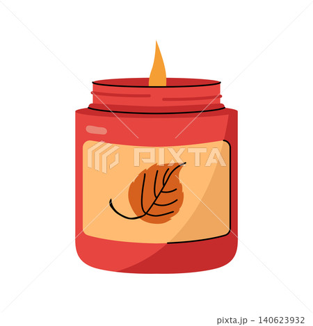 Autumn scented candle in a red jar with leaf label isolated vector illustration 140623932