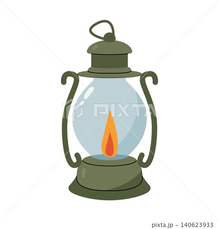 Classic green kerosene lamp oil lantern with burning flame isolated vector illustration 140623933
