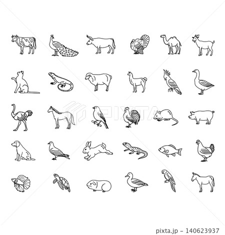 Domestic Animals Icons. Vector Illustrations Cow, Peacock, Bull, Turkey, Camel, Goat, Cat, Iguana, Sheep, Llama, Parrot, Goose, Ostrich, Horse, Rabbit, Mouse, Pig and Others 140623937