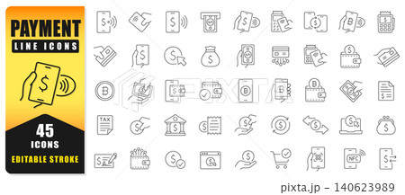 Payment Line Icon Set Featuring Contactless Payments, Mobile Wallets, NFC Transactions, Banking, Cryptocurrency, Invoices, E-Commerce, And Financial Services. Editable Stroke Vector Collection For Web Payment Line Icon Set Featuring Contactless Payments, Mobile Wallets, NFC Transactions, Banking, Cryptocurrency, Invoices, E-Commerce, And Financial Services. Editable Stroke Vector Collection For Web 140623989