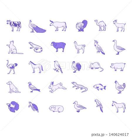 Colored Domestic Animals Icons. Vector Illustrations Cow, Peacock, Bull, Turkey, Camel, Goat, Cat, Iguana, Sheep, Llama, Parrot, Goose, Ostrich, Horse, Rabbit, Mouse, Pig and Others 140624017