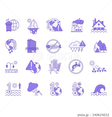 Colored Climate Change Icon Set. Vector Icon Global Warming, Tsunami, Fire, Earthquake, Drought, Flood, No Water, Solar Radiation, Deforestation and More Colored Climate Change Icon Set. Vector Icon Global Warming, Tsunami, Fire, Earthquake, Drought, Flood, No Water, Solar Radiation, Deforestation and More 140624032