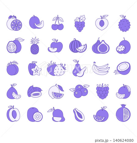 Color Fruit Icon Set. Vector Icons of Apple, Pear, Kiwi, Watermelon, Orange, Peach, Apricot, Passion Fruit, Pineapple, Fig, Strawberry, Pomelo, Banana, Raspberry, Mango and More 140624080