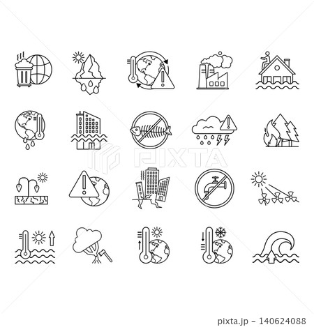 Climate Change Icon Set. Vector Icon Global Warming, Tsunami, Fire, Earthquake, Drought, Flood, No Water, Solar Radiation, Deforestation and More 140624088