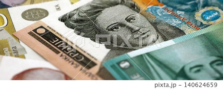 Serbian dinar money bills pile on table. Serbia banknotes of RSD currency. Concept of business Serbian dinar money bills pile on table. Serbia banknotes of RSD currency. Concept of business 140624659