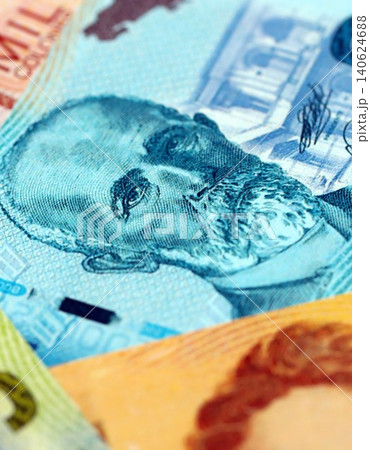 Costa Rican old colon money bills pile on table. Costa Rica banknotes of CRC currency close up 140624688