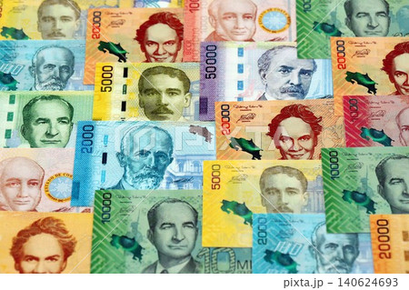 Costa Rican colon money bills pile on table. Costa Rica banknotes of CRC currency close up Costa Rican colon money bills pile on table. Costa Rica banknotes of CRC currency close up 140624693