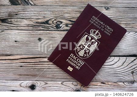 Serbian passport on table close up. Official identification document book for citizens of Serbia 140624726